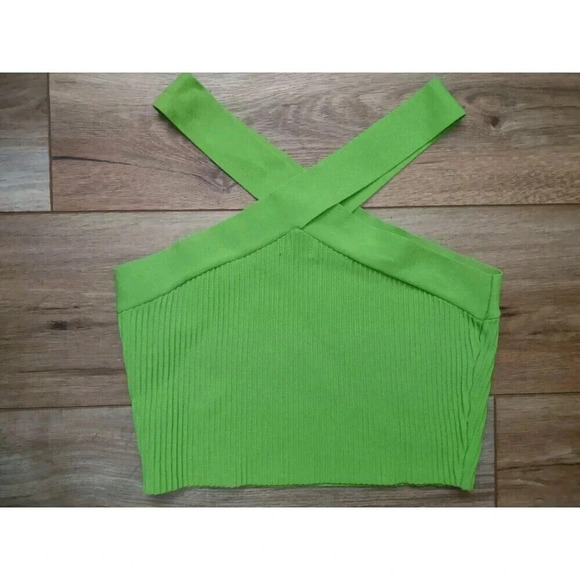 Debut Sz S/M Green Cropped Cross Neck Stretchy Halter Top Thick Ribbed Material - Picture 2 of 4